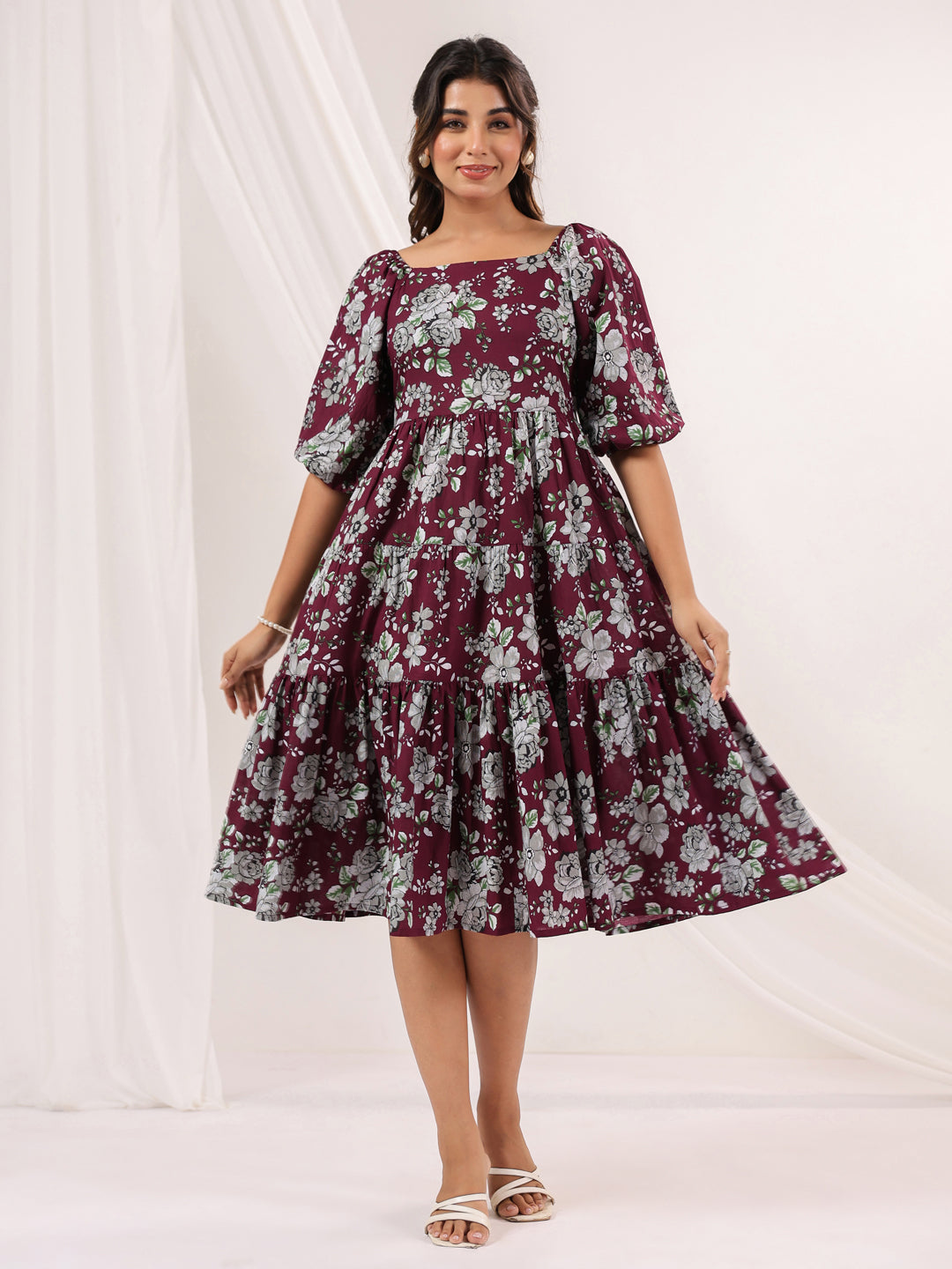 Janasya Dark Cotton Floral Tiered Dress - Distacart