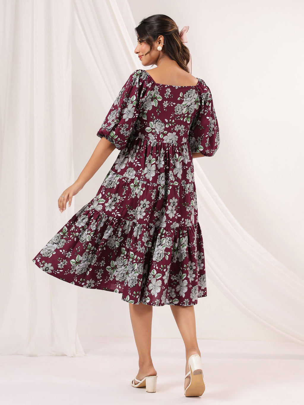 Janasya Dark Cotton Floral Tiered Dress - Distacart
