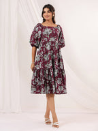 Janasya Dark Cotton Floral Tiered Dress - Distacart
