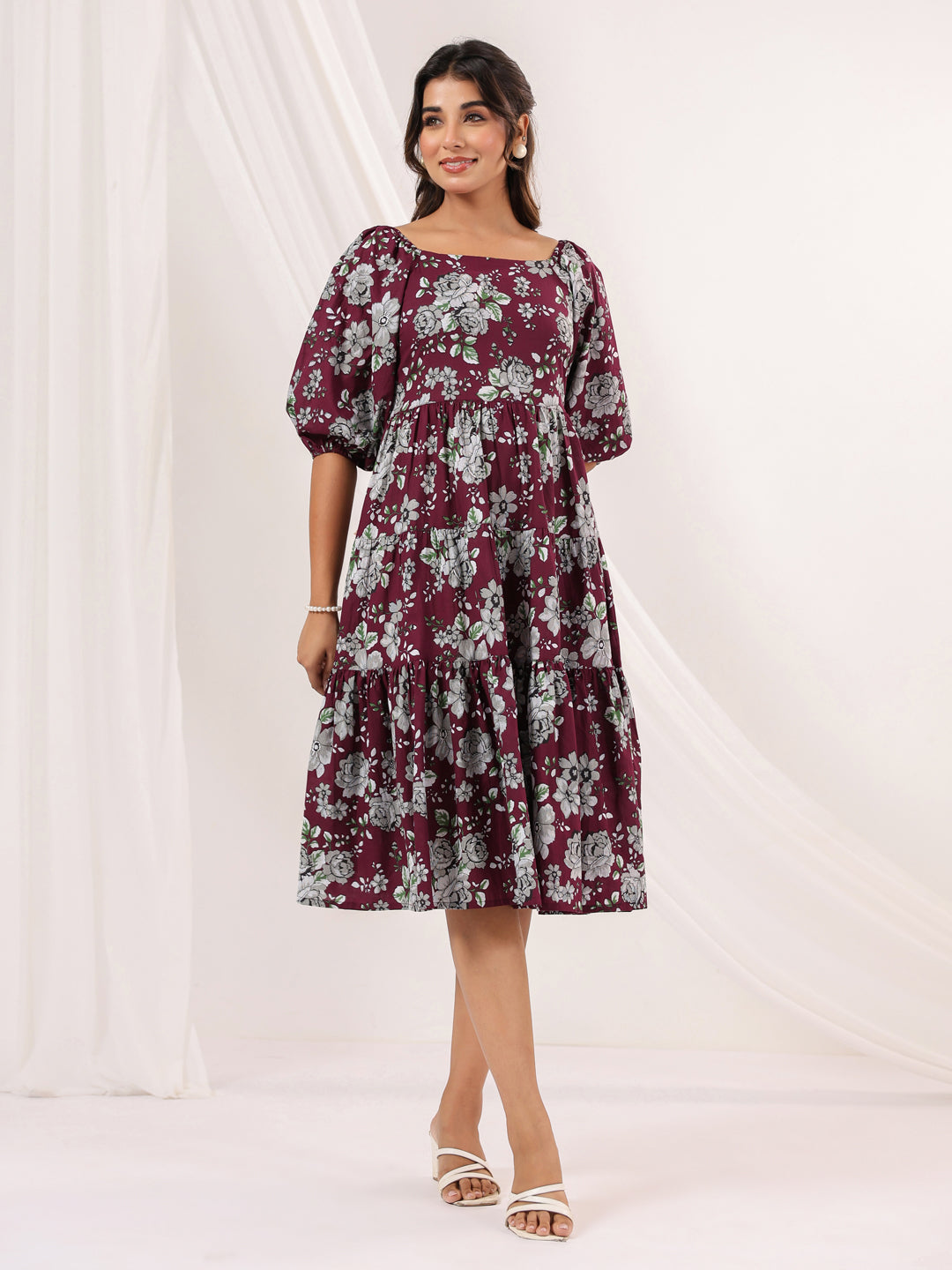 Janasya Dark Cotton Floral Tiered Dress - Distacart