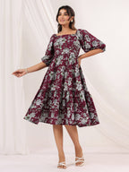 Janasya Dark Cotton Floral Tiered Dress - Distacart