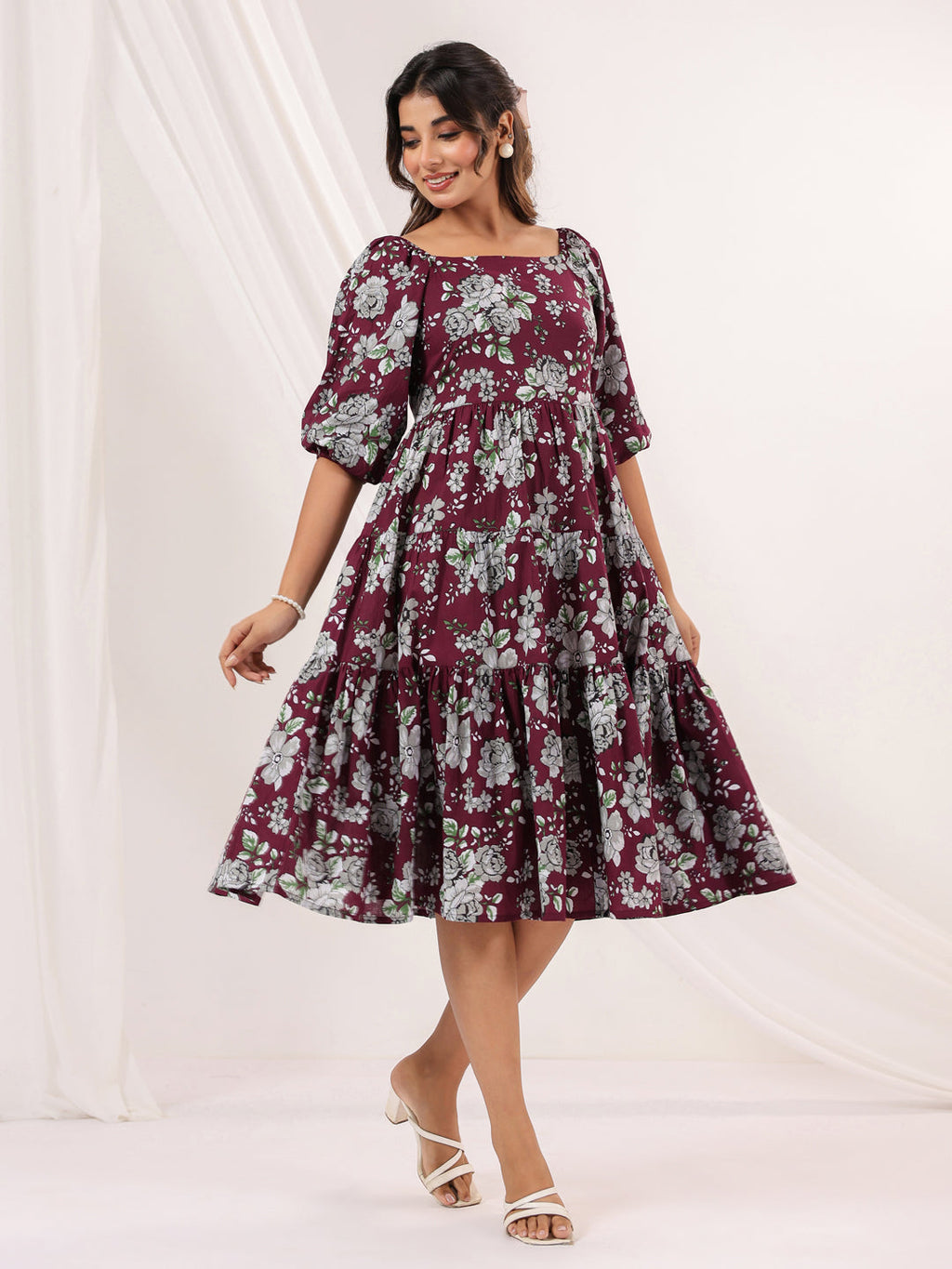 Janasya Dark Cotton Floral Tiered Dress - Distacart