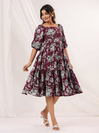 Janasya Dark Cotton Floral Tiered Dress - Distacart