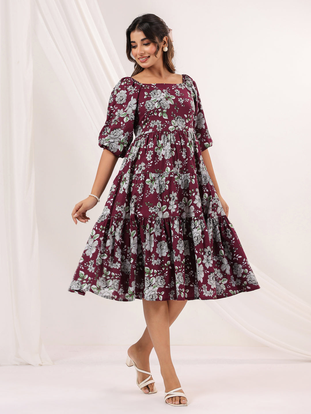 Janasya Dark Cotton Floral Tiered Dress - Distacart