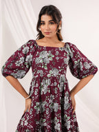 Janasya Dark Cotton Floral Tiered Dress - Distacart