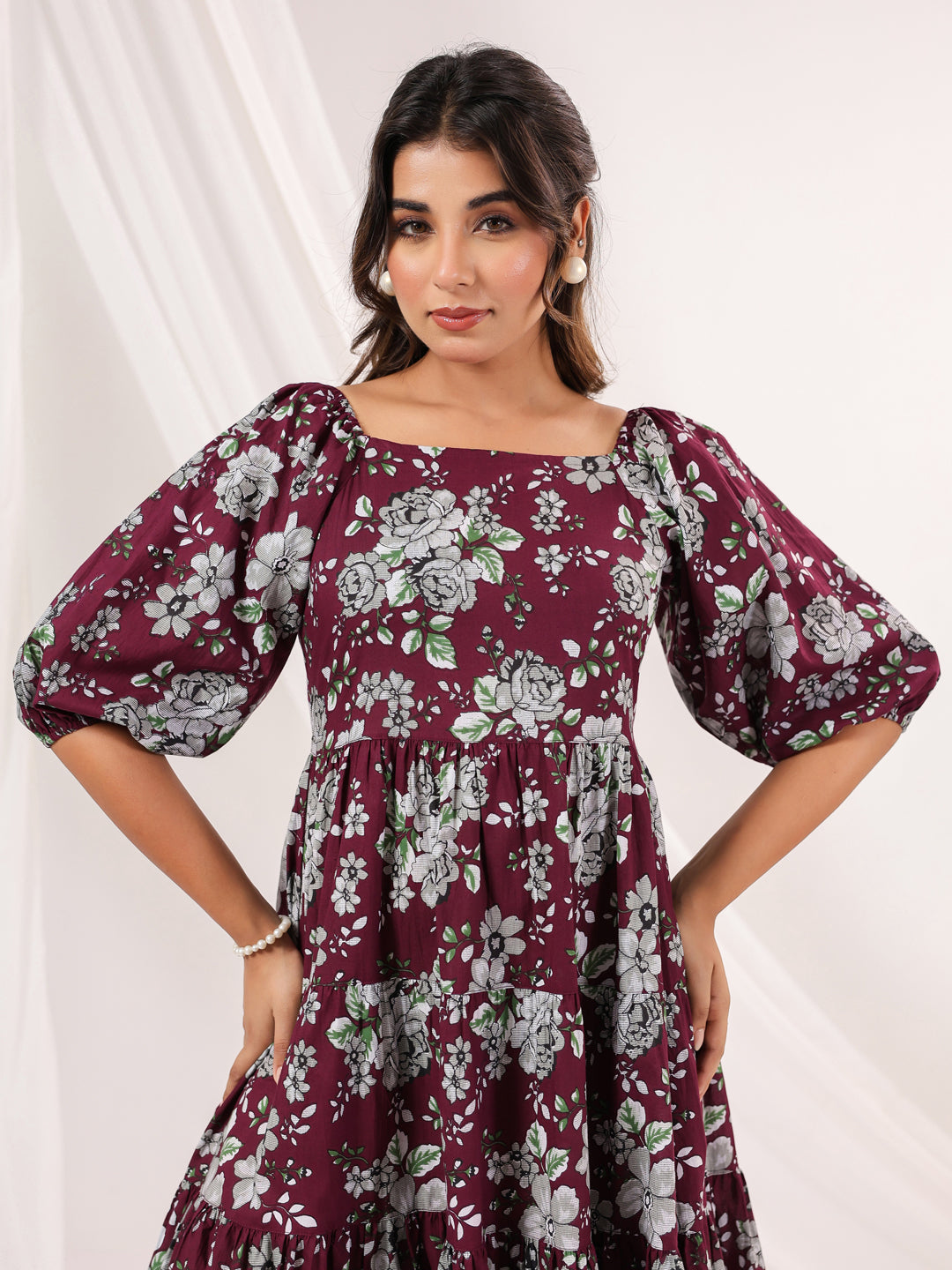 Janasya Dark Cotton Floral Tiered Dress - Distacart