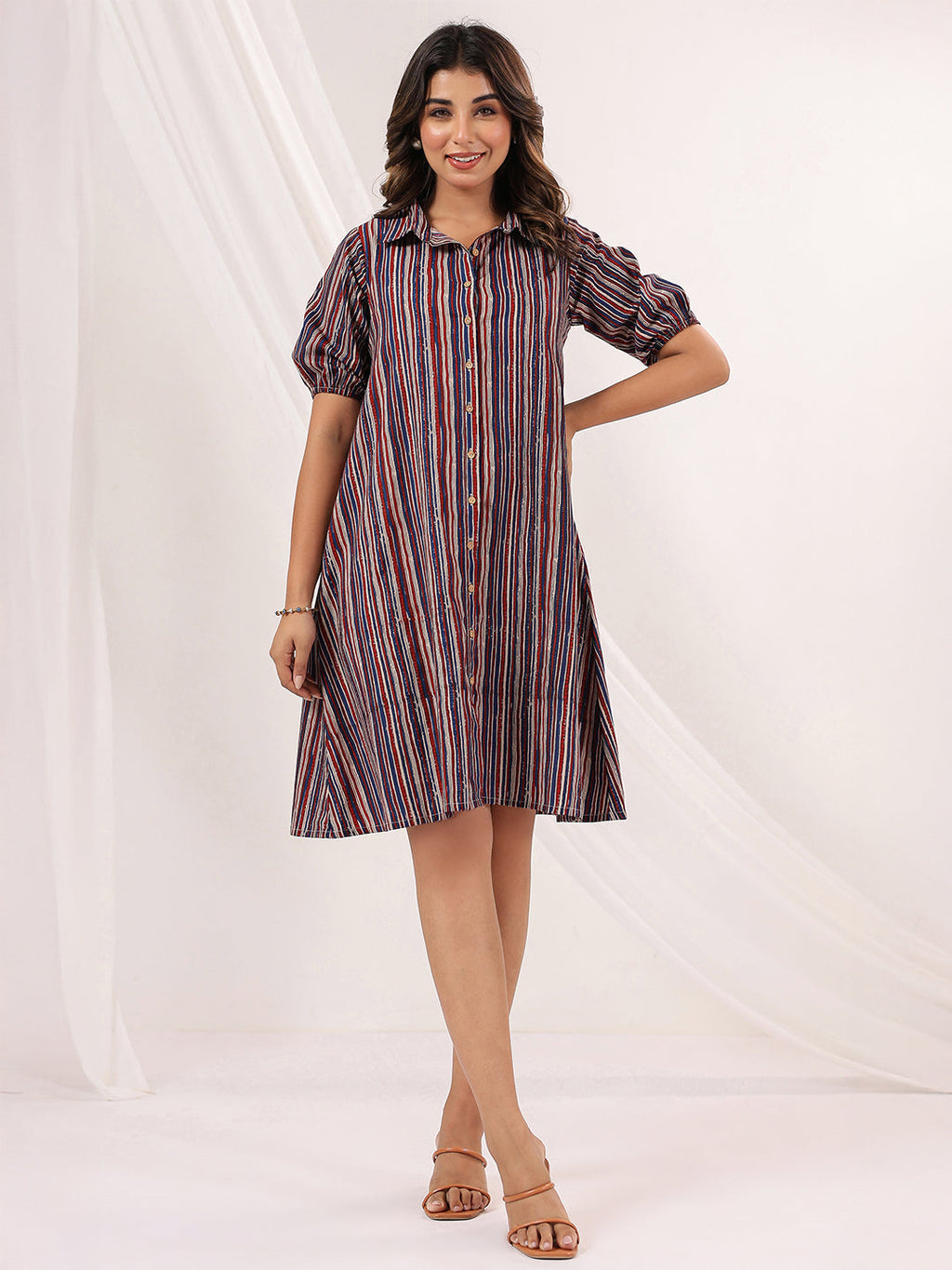Janasya Dark Cotton Striped A-Line Dress - Distacart