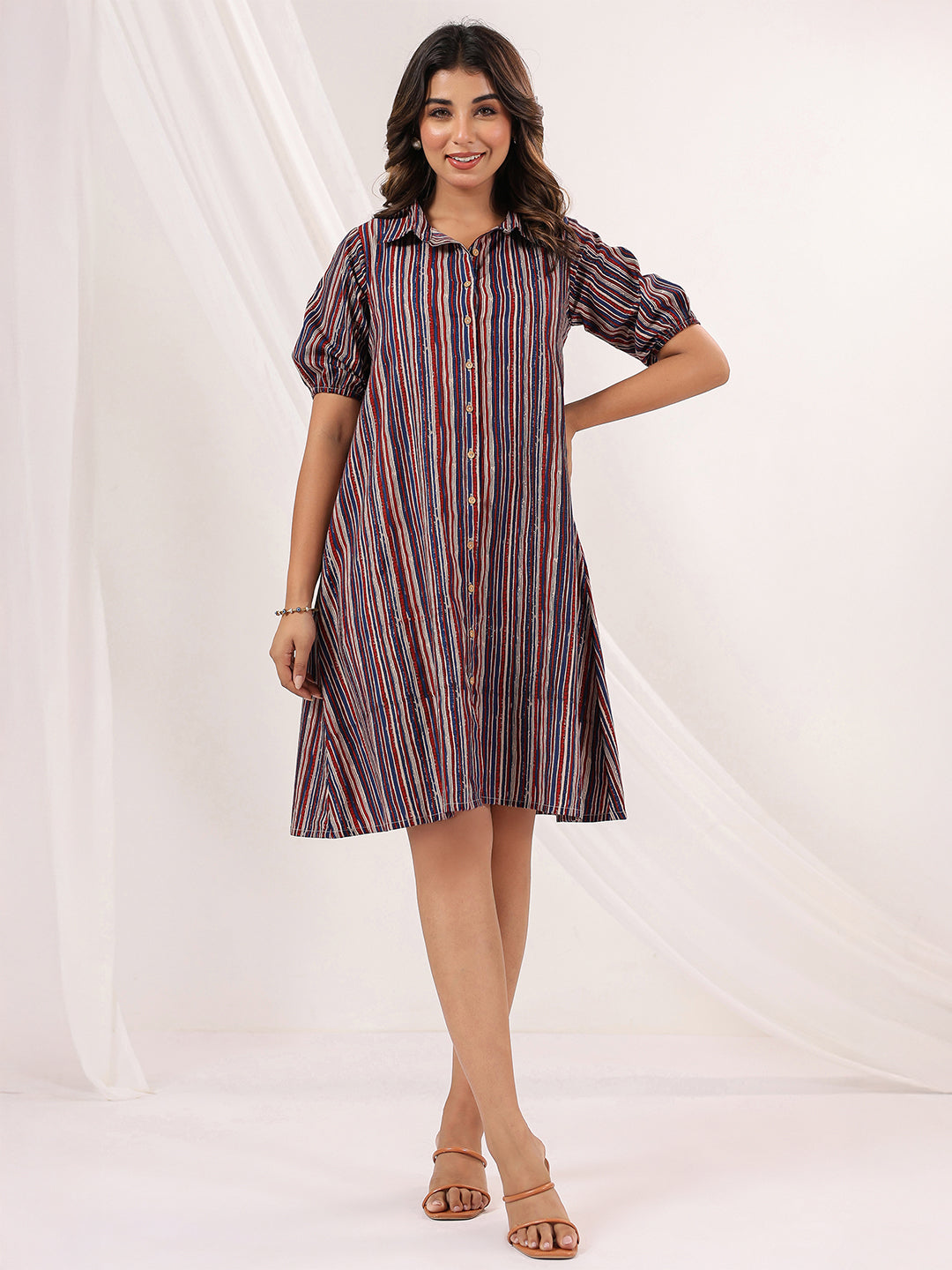 Janasya Dark Cotton Striped A-Line Dress - Distacart