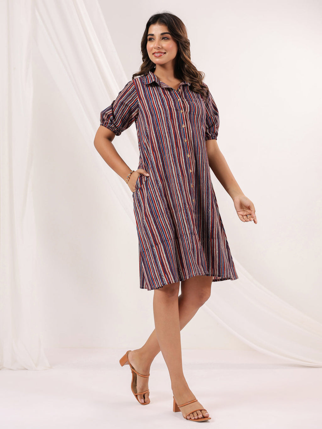 Janasya Dark Cotton Striped A-Line Dress - Distacart