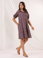 Janasya Dark Cotton Striped A-Line Dress - Distacart