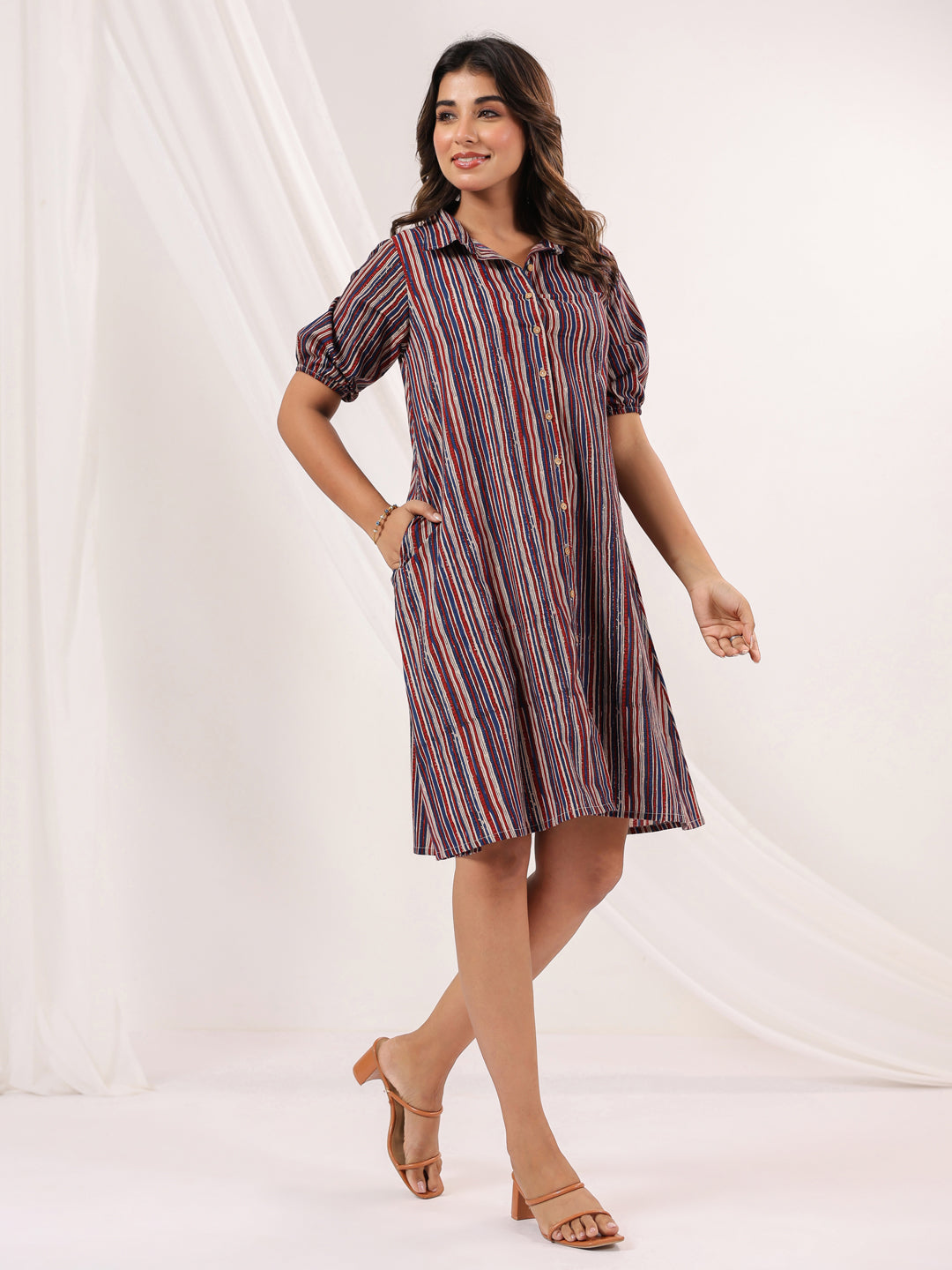 Janasya Dark Cotton Striped A-Line Dress - Distacart