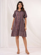 Janasya Dark Cotton Striped A-Line Dress - Distacart