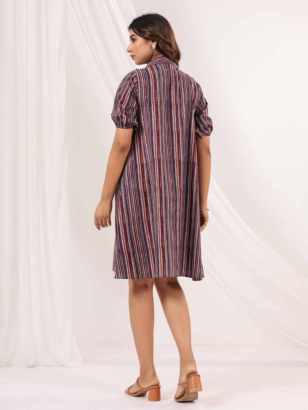 Janasya Dark Cotton Striped A-Line Dress - Distacart