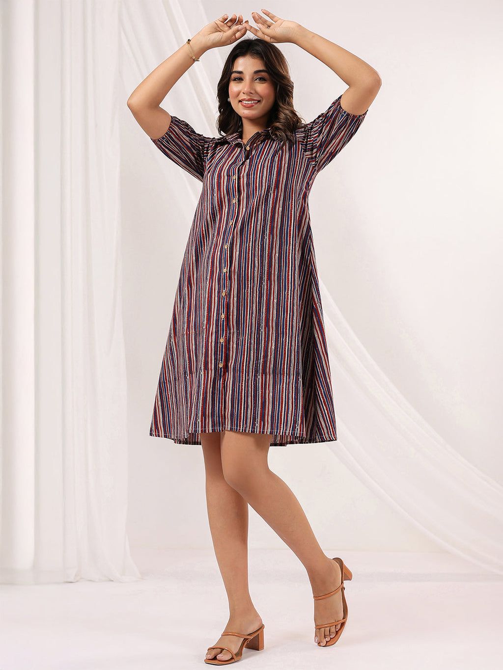 Janasya Dark Cotton Striped A-Line Dress - Distacart