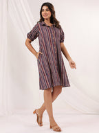 Janasya Dark Cotton Striped A-Line Dress - Distacart