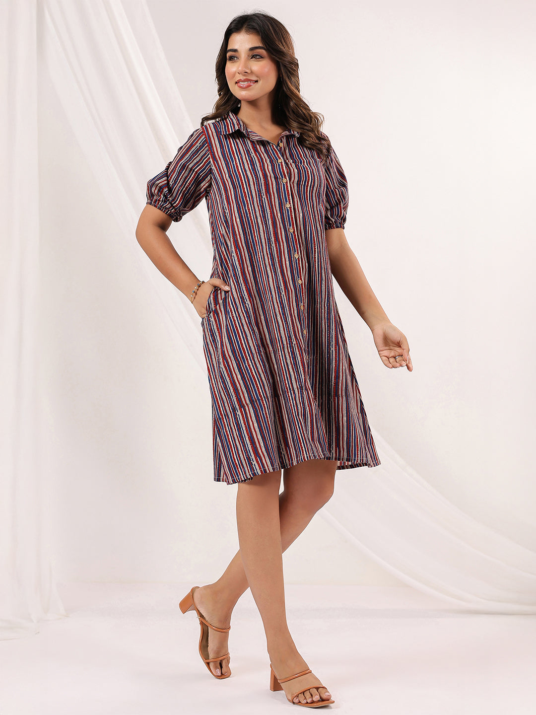 Janasya Dark Cotton Striped A-Line Dress - Distacart