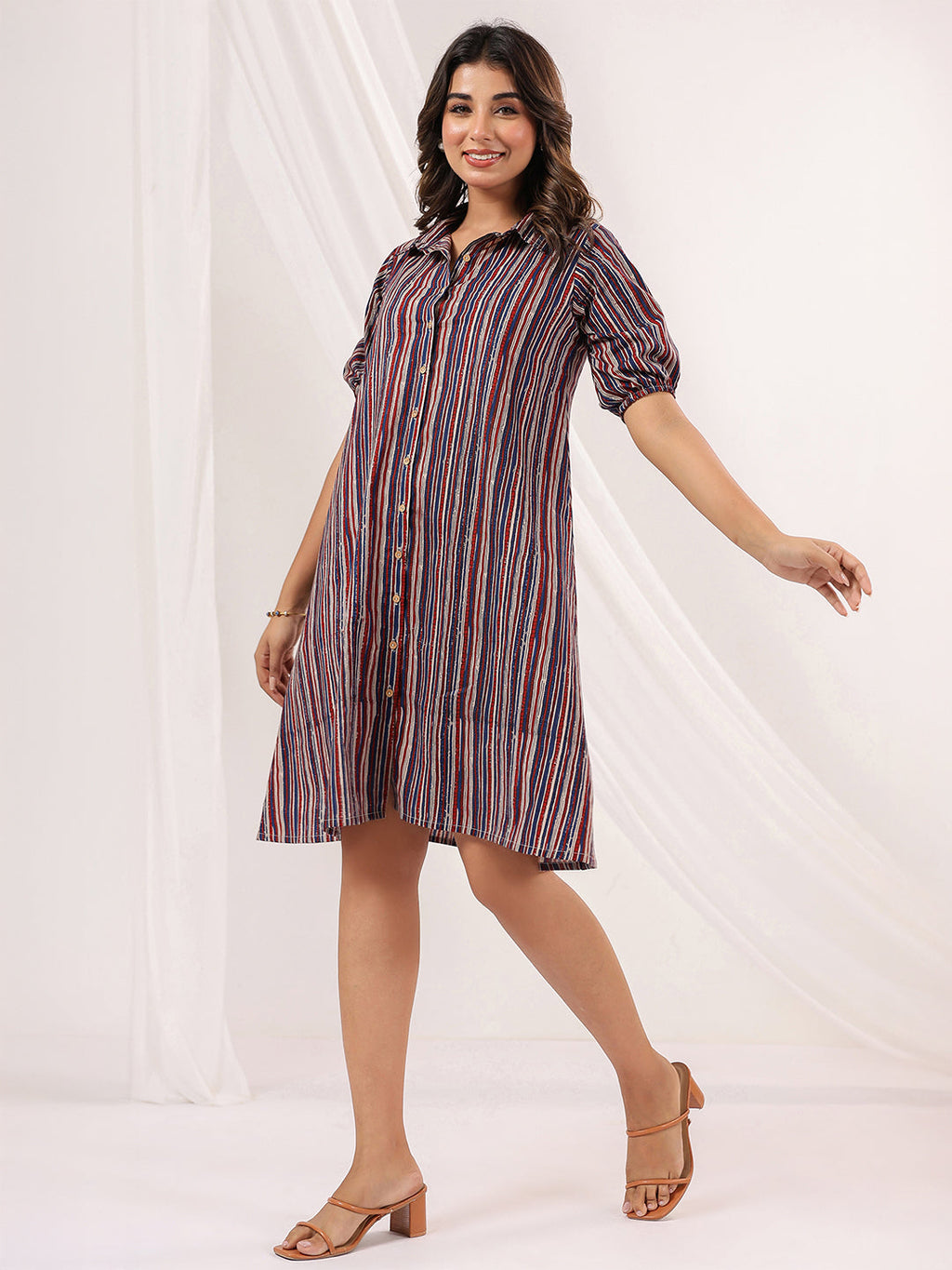Janasya Dark Cotton Striped A-Line Dress - Distacart