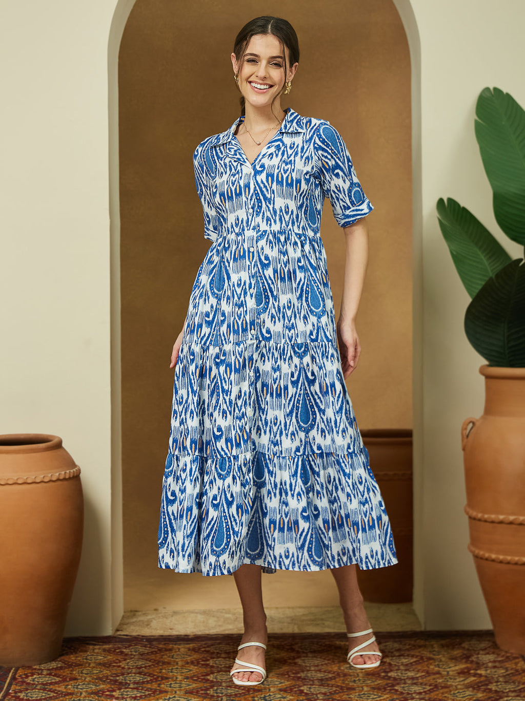 Janasya Bright Flex Ikkat Tiered Dress - Distacart