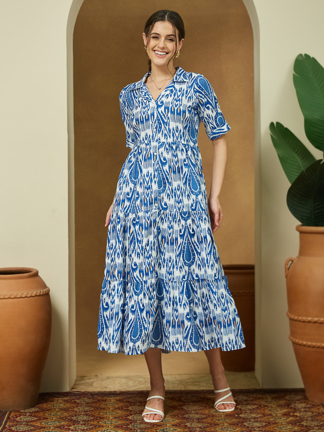 Janasya Bright Flex Ikkat Tiered Dress - Distacart