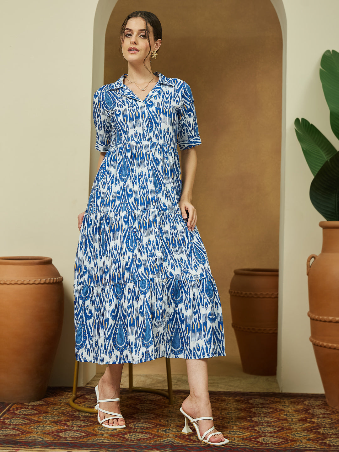 Janasya Bright Flex Ikkat Tiered Dress - Distacart