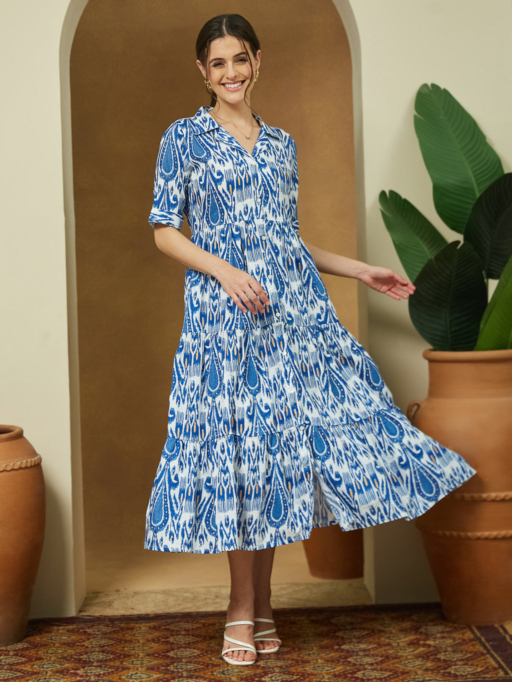 Janasya Bright Flex Ikkat Tiered Dress - Distacart