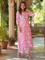 Janasya Light Cotton Floral Straight Kurta Set