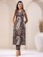 Janasya Dark Cotton Paisley Straight Kurta Set