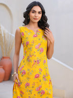 Janasya Bright Cotton Floral Straight Kurta Set