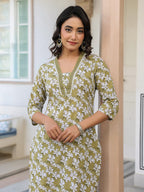 Janasya Dark Cotton Floral Straight Kurta Set