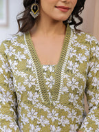 Janasya Dark Cotton Floral Straight Kurta Set