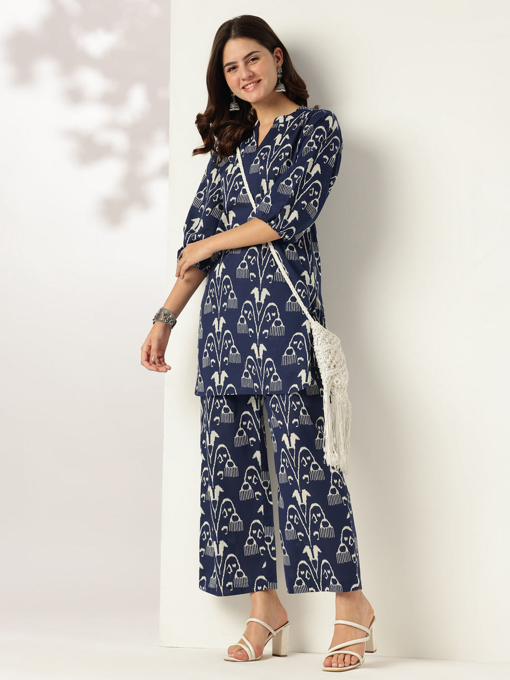 Janasya Dark Cotton Ikkat Straight Top & Bottom Set