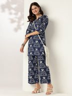 Janasya Dark Cotton Ikkat Straight Top & Bottom Set