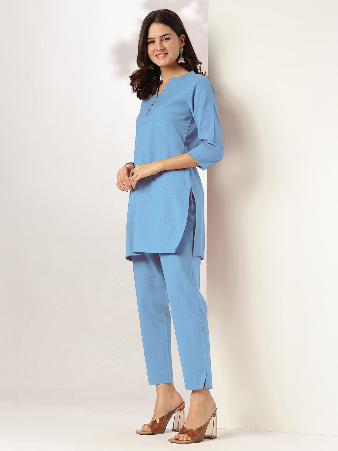 Janasya Light Cotton Solid A-Line Top & Bottom Set