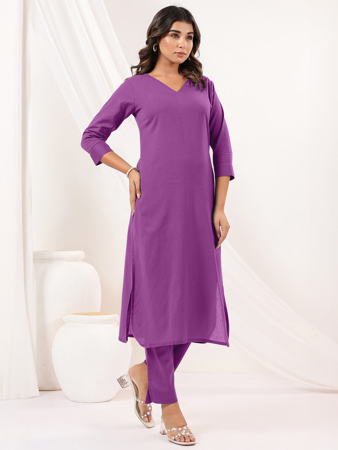 Janasya Light Cotton Solid Straight Kurta Set