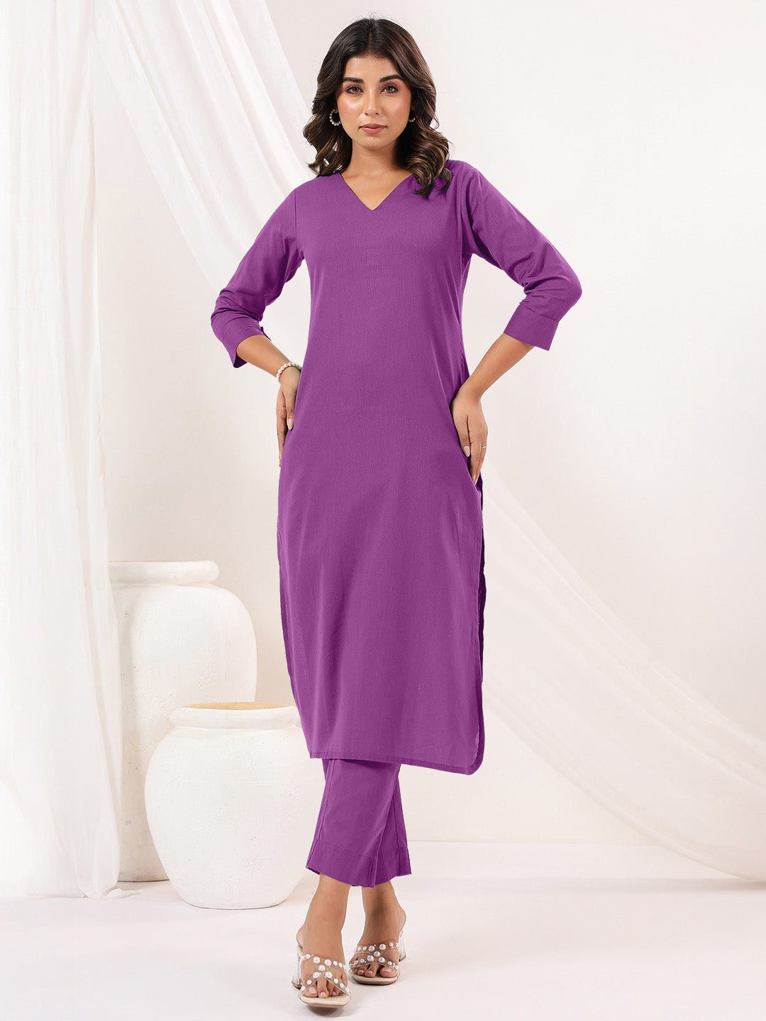 Janasya Light Cotton Solid Straight Kurta Set