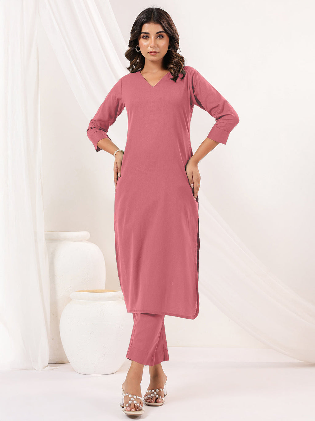 Janasya Light Cotton Solid Straight Kurta Set