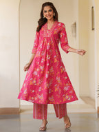Janasya Bright Cotton Floral A-Line Kurta Set