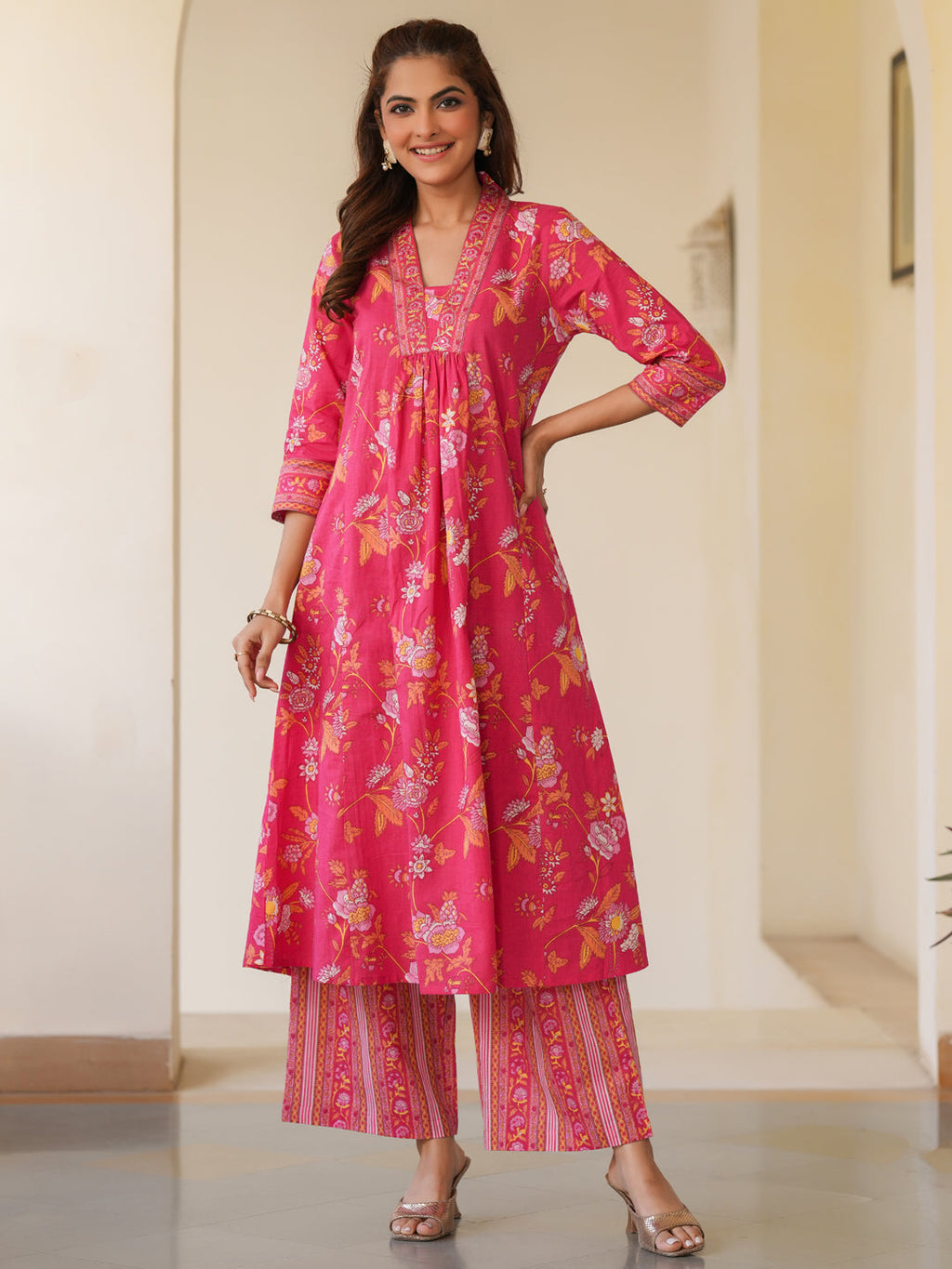 Janasya Bright Cotton Floral A-Line Kurta Set