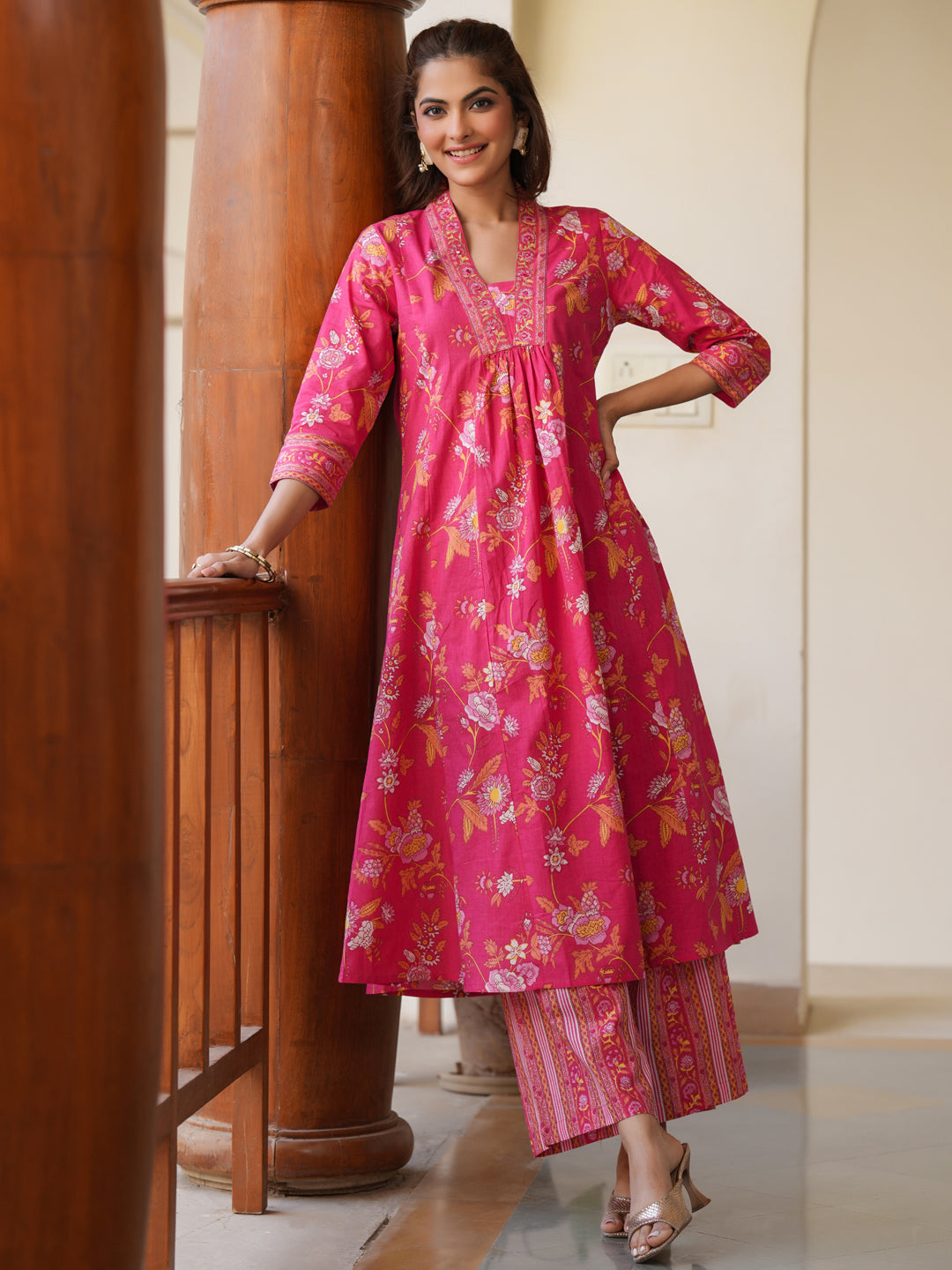 Janasya Bright Cotton Floral A-Line Kurta Set