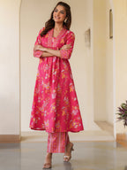 Janasya Bright Cotton Floral A-Line Kurta Set