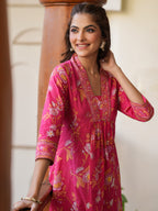 Janasya Bright Cotton Floral A-Line Kurta Set