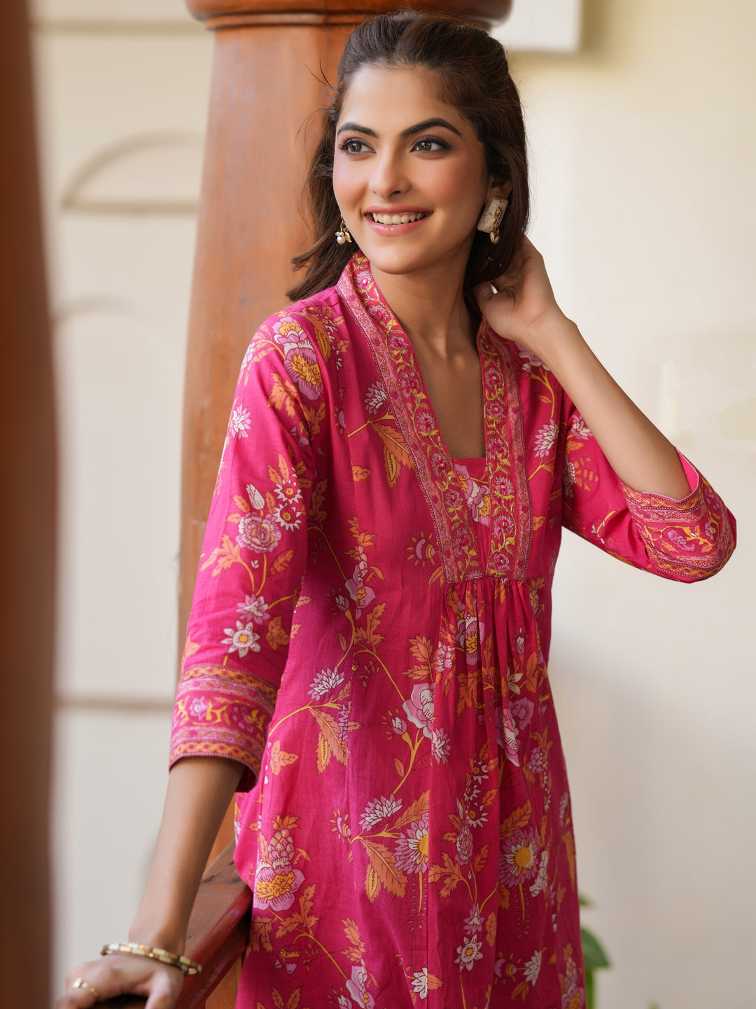 Janasya Bright Cotton Floral A-Line Kurta Set