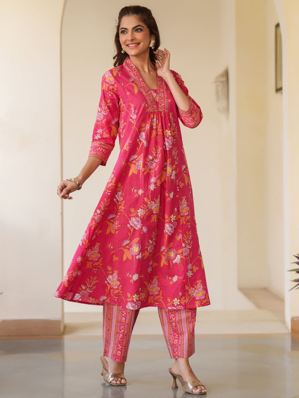 Janasya Bright Cotton Floral A-Line Kurta Set