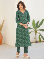 Janasya Dark Cotton Floral Straight Kurta Set