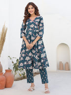 Janasya Dark Cotton Floral A-Line Kurta Set