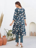 Janasya Dark Cotton Floral A-Line Kurta Set