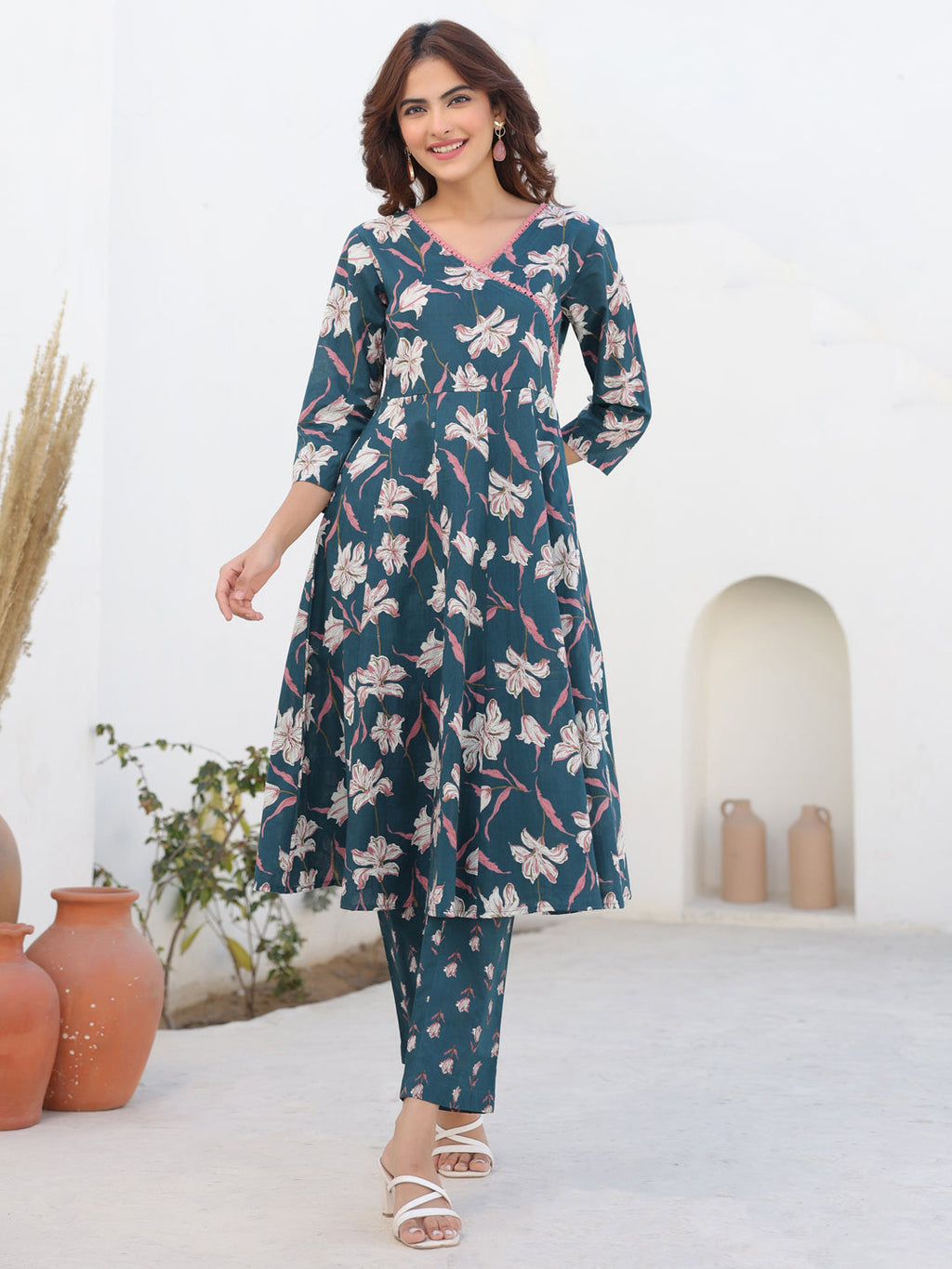 Janasya Dark Cotton Floral A-Line Kurta Set