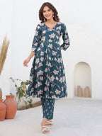Janasya Dark Cotton Floral A-Line Kurta Set