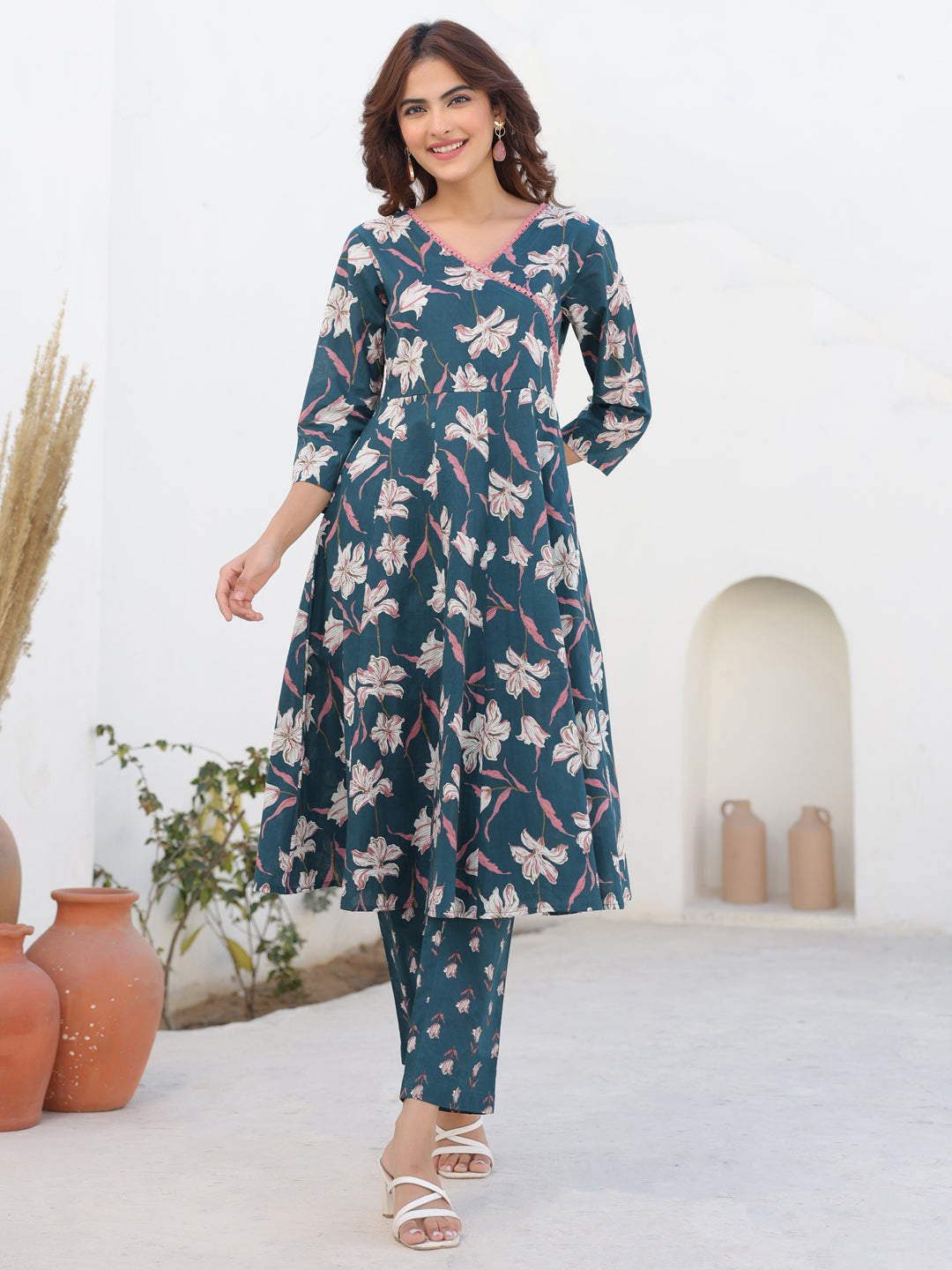 Janasya Dark Cotton Floral A-Line Kurta Set
