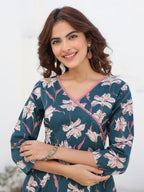 Janasya Dark Cotton Floral A-Line Kurta Set